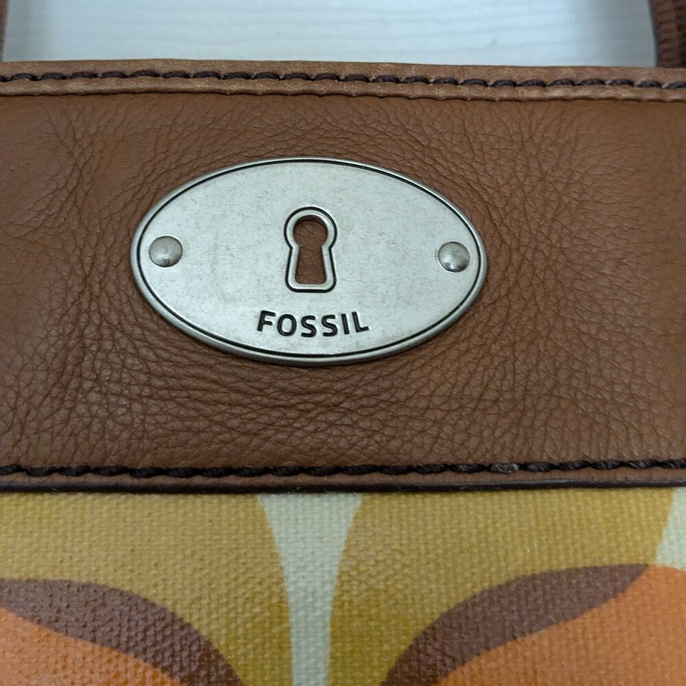 Vintage Fossil KeyPer Vibrant Floral Coated Canvas and Brown Leather Tote Should - Picture 3 of 16